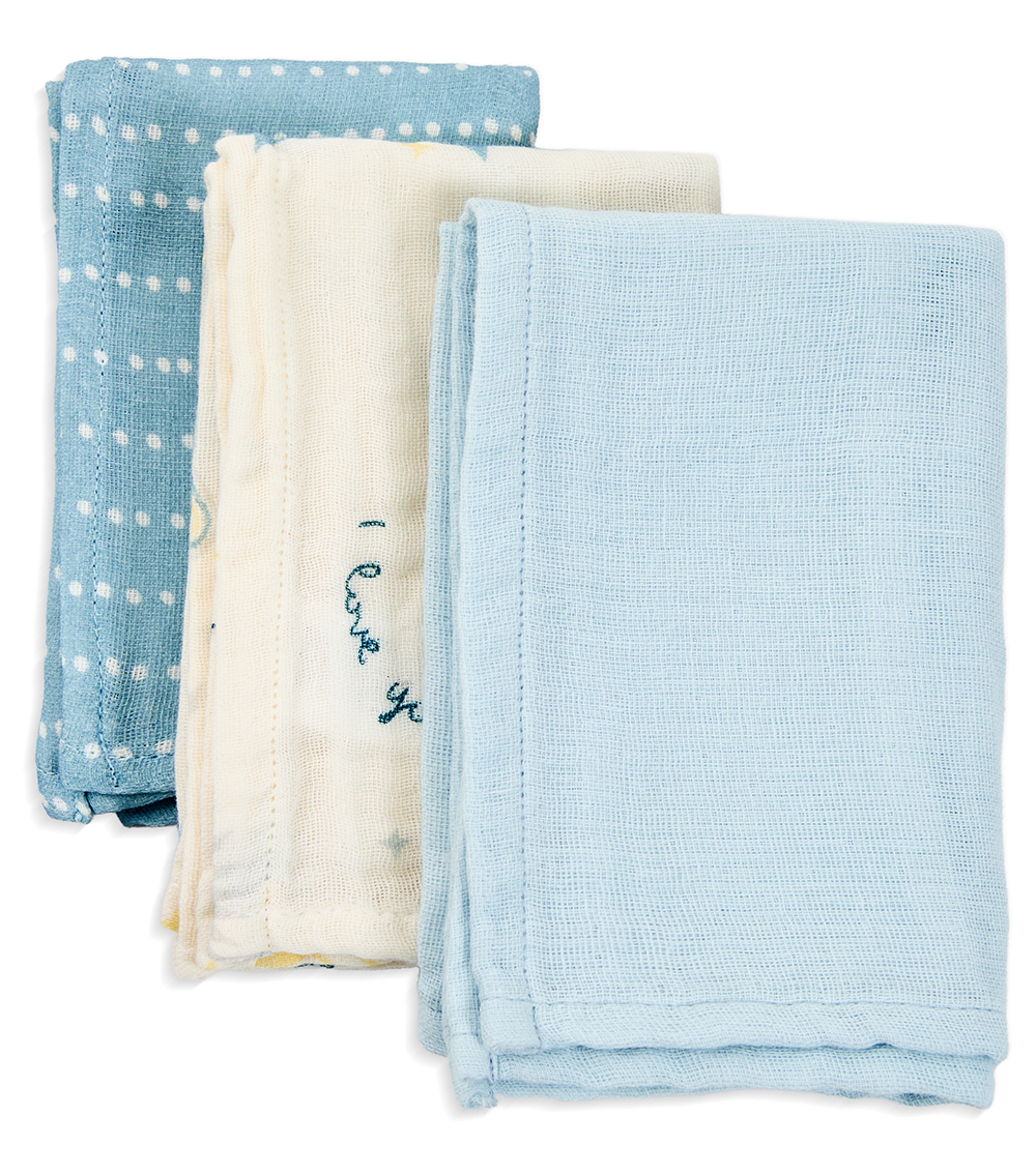 MOMSTORE Mini Muslin Squares Blue Dot, "I Love You" Print & Solid Color (Pack of 3), Multicolor (Chemical-free) (0+ months)
