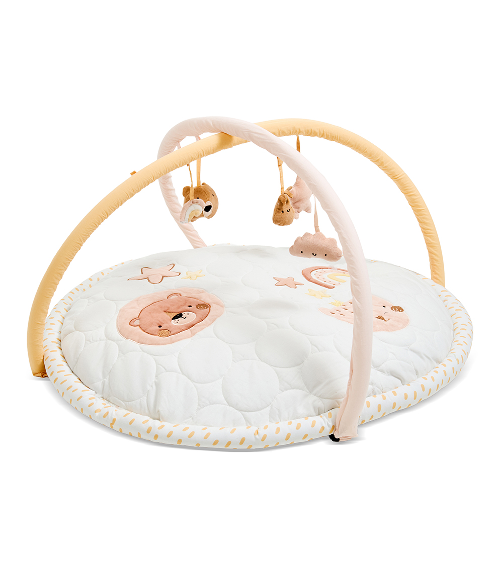 MOMSTORE Quilted Oval Baby Playmat with Bear Appliqué, Framework, and Hanging Toys, Multicolor (Non Toxic) (0+ months)