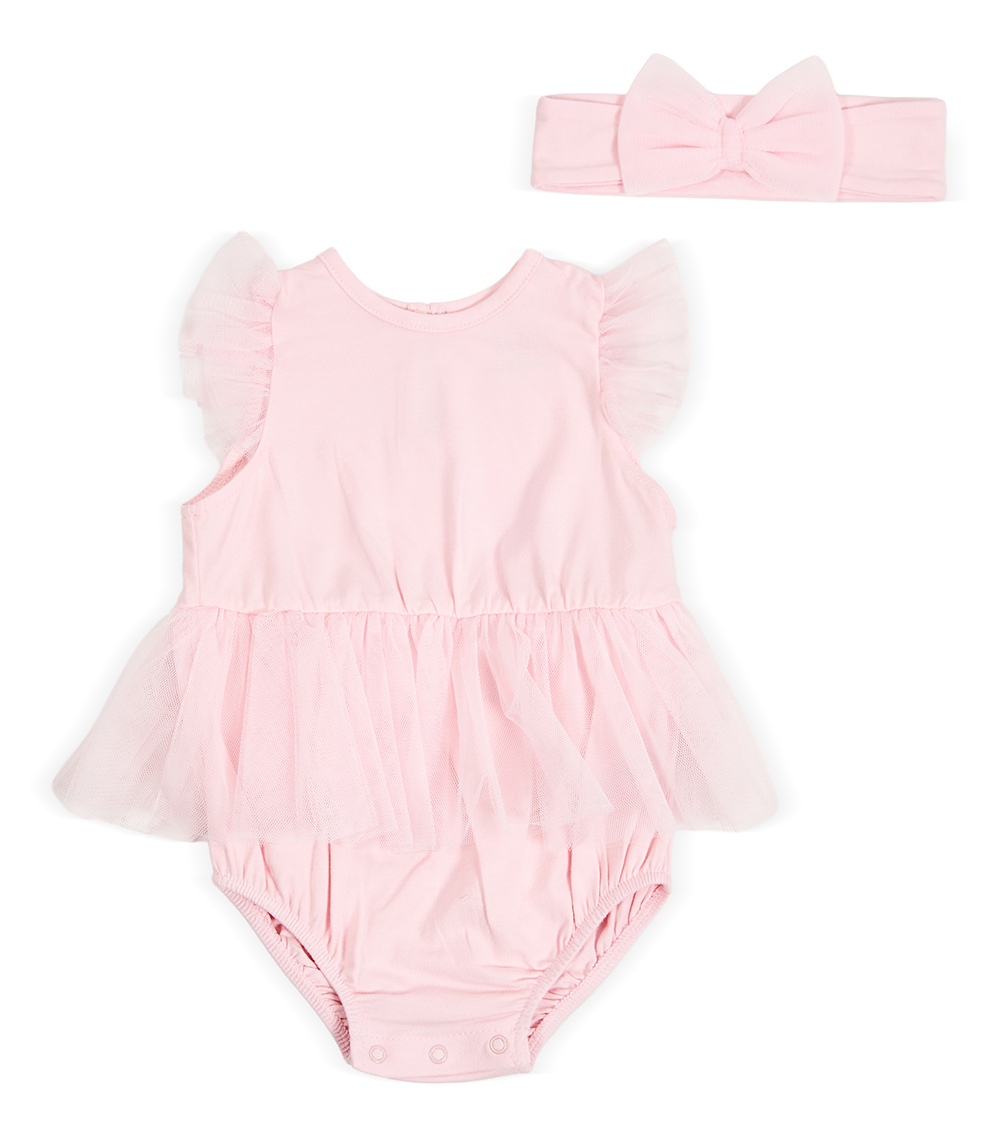LITTLE ME Baby Girls Rose Mesh Bubble & Headband ,Pink