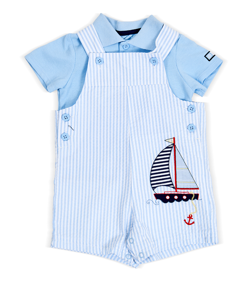 LITTLE ME Baby Boys Sailboat Shortall Set ,Blue