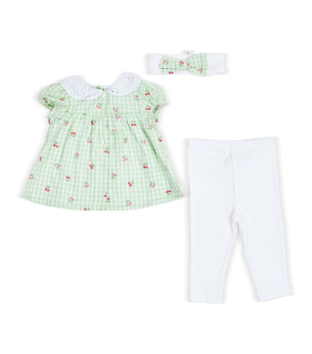 LITTLE ME Baby Girls Cherry Check Set ,Green