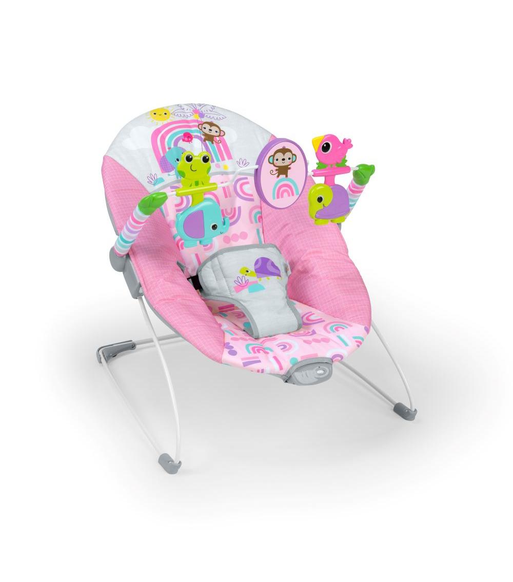 BRIGHT STARTS - Pink Paradise Portable Baby Bouncer with Vibrating Infant Seat and Toy Bar
