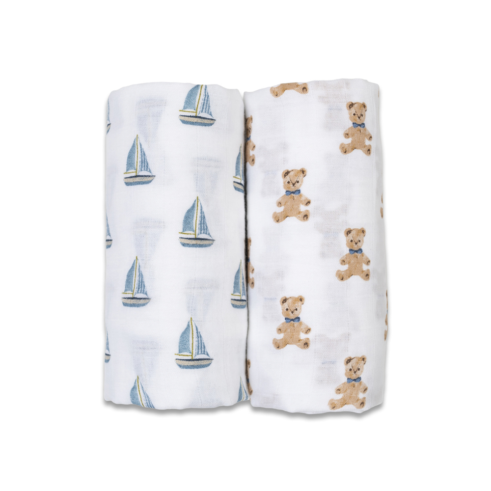 LULUJO Cotton Swaddles Pack of 2, Multicolor - Vintage Teddy/Sailboats (Newborn)