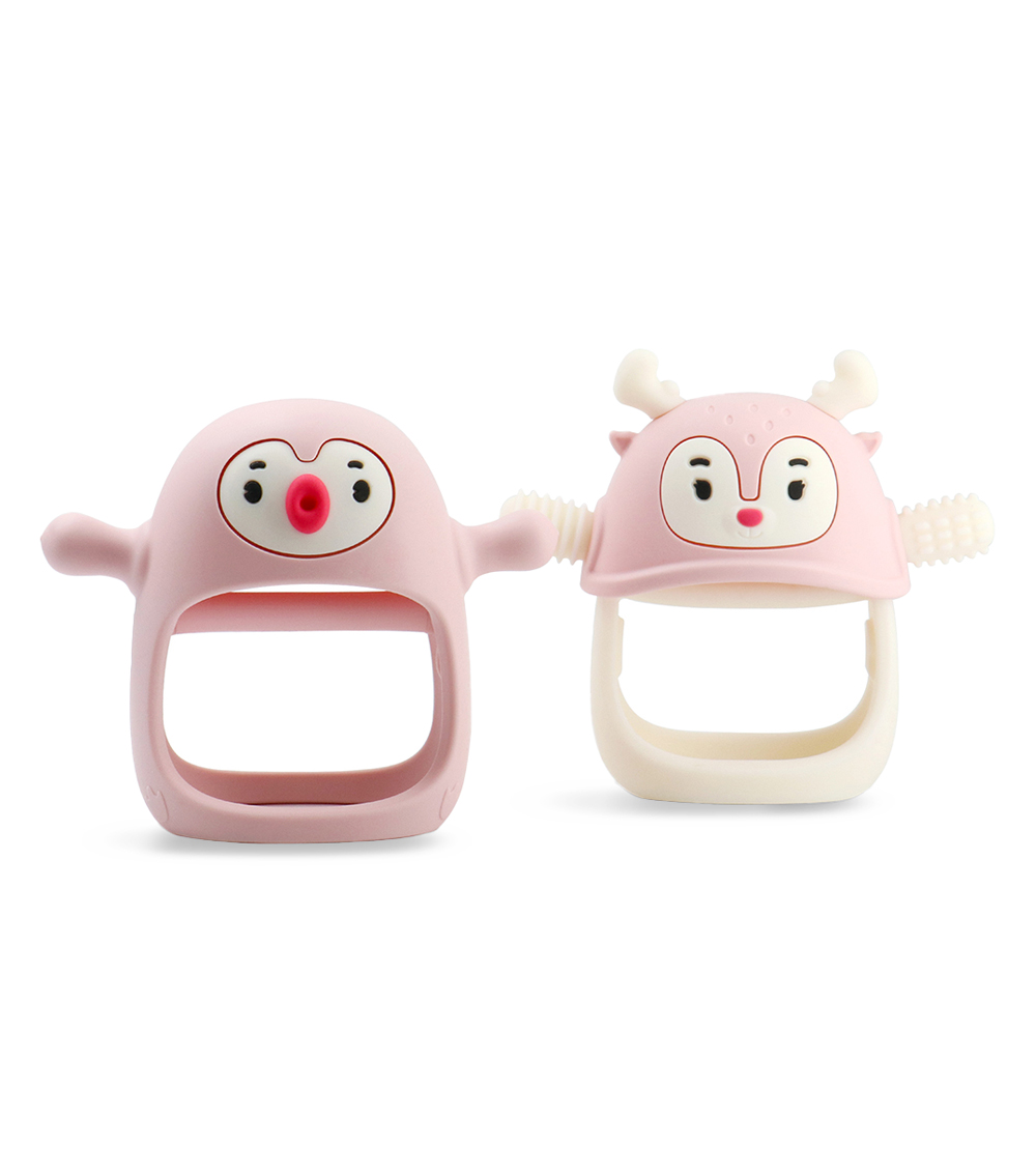 SMILY MIA 2-Pack Wearable Silicone Teethers (Penguin & Reindeer), Light Pink (3-12M)