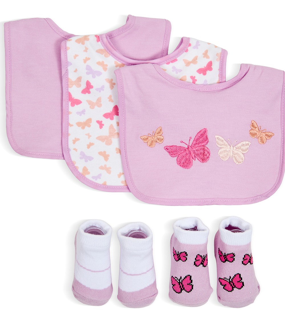 LITTLE ME Baby 5 Pack Butterfly 3 Bibs & 2 Booties Gift Set, Multicolor