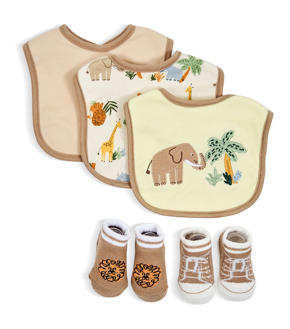 LITTLE ME Baby 5 Pack Safari Bibs & Booties Set, Multicolor